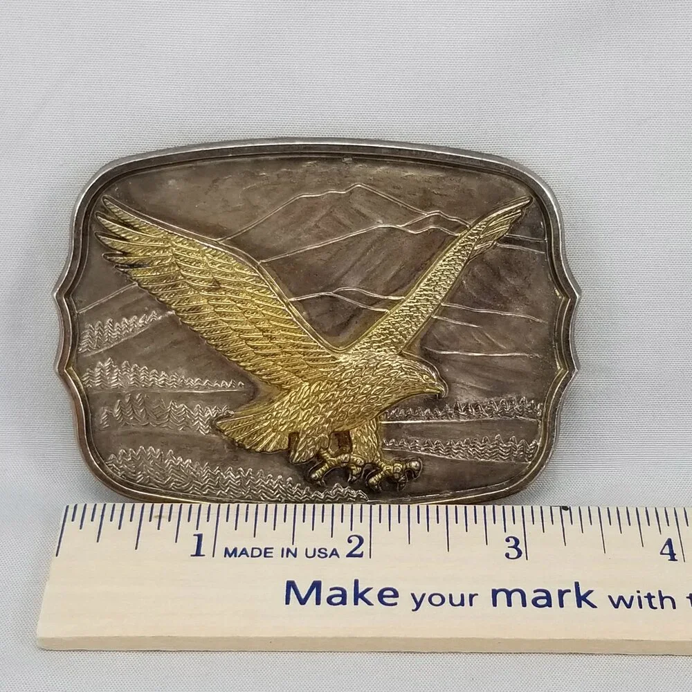 Vintage Belt Buckle American Gold‎ Eagle Flying Landscape Mountains Gold Color